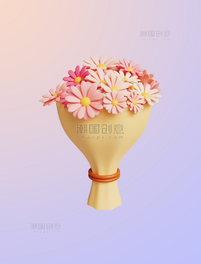 粉色小雏菊可爱卡通花束3DC4D立体手捧花鲜花元素