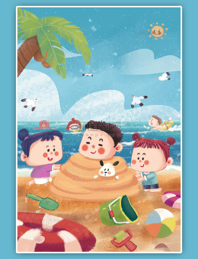 夏天儿童玩耍海边沙滩玩沙子玩具海鸥竖图