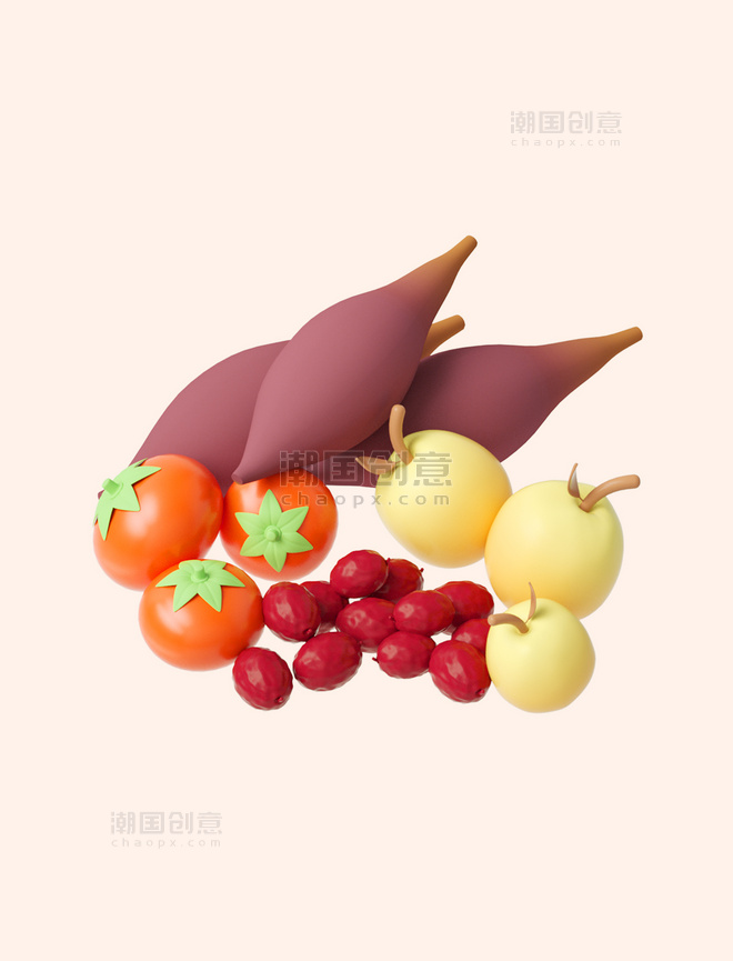 3D立体橙色C4D卡通秋季农产品红薯西红柿梨红枣
