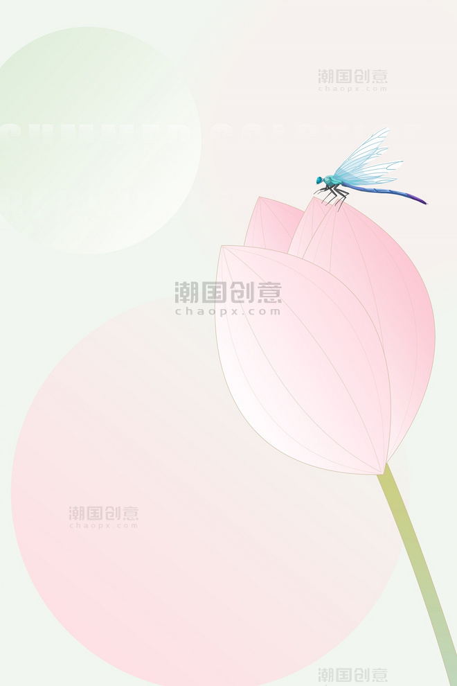 夏季夏天粉色荷花蜻蜓清新简约海报背景
