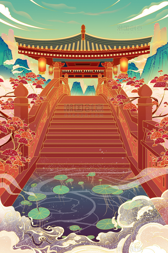 中国风国潮建筑风景手绘亭子山水植物插画