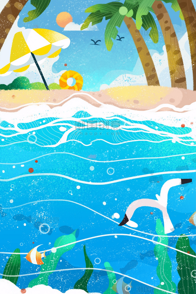 夏天海岛沙滩海边厚涂风景手绘夏季插画
