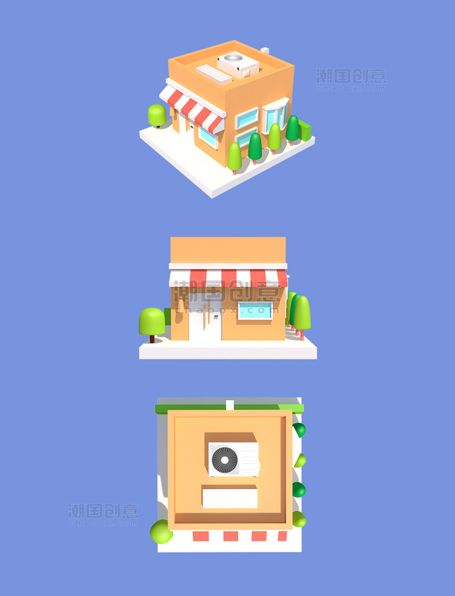 C4D建模橙色小房子商铺便利店楼房建筑3d元素