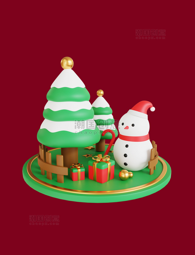 3D圣诞元素与场景松树圣诞树圣诞节雪人彩球圣诞装饰雪人拐杖礼物礼盒3D元素