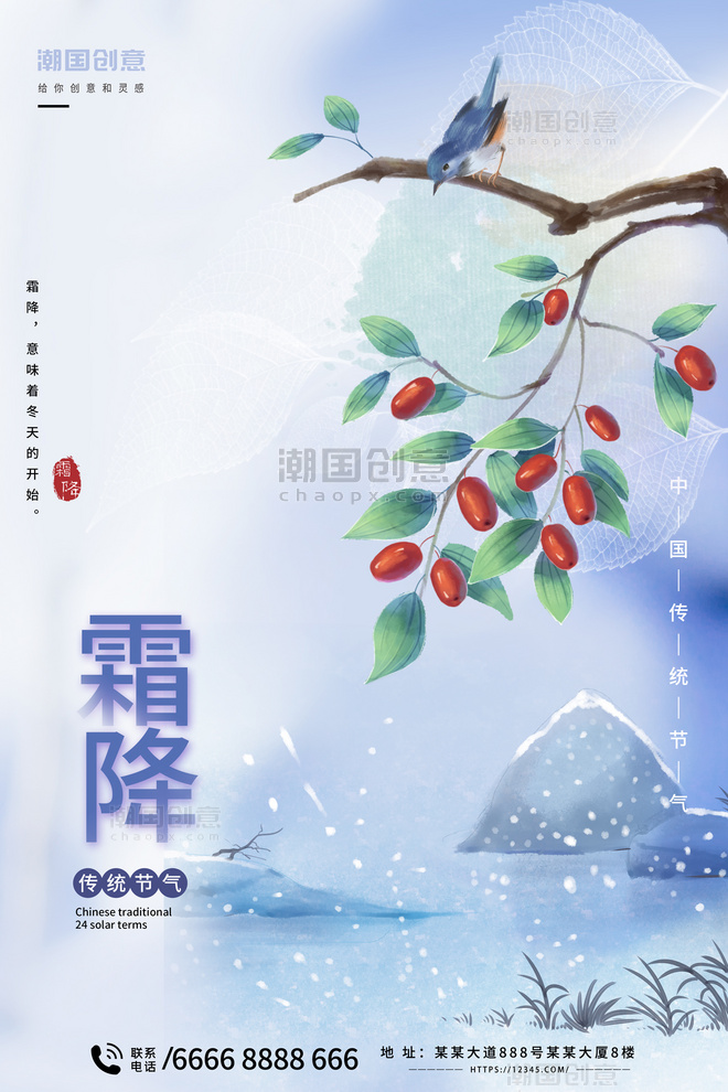中国风霜降传统节气鸟灰色海报
