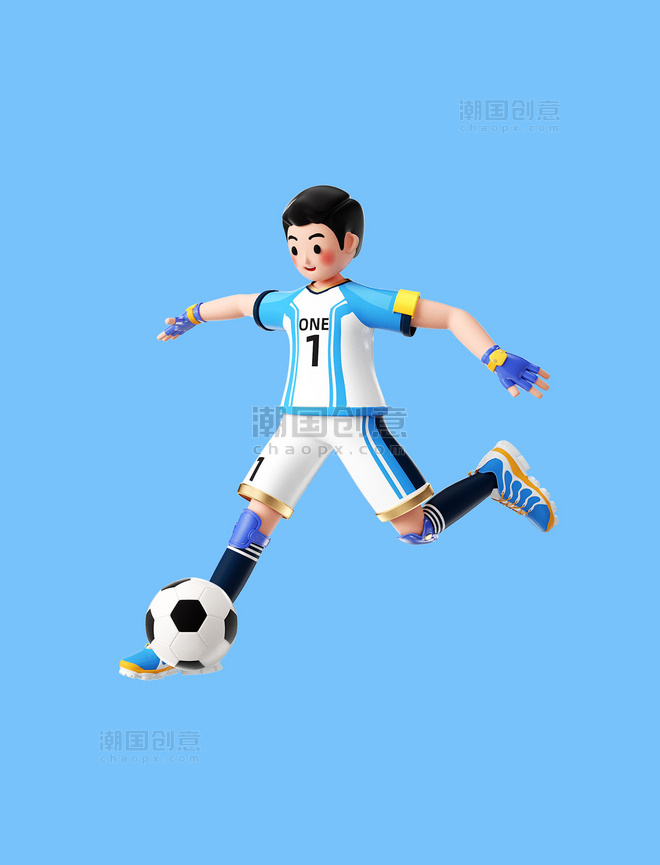 世界杯足球杯3D卡通人物运动员踢球踢足球形象