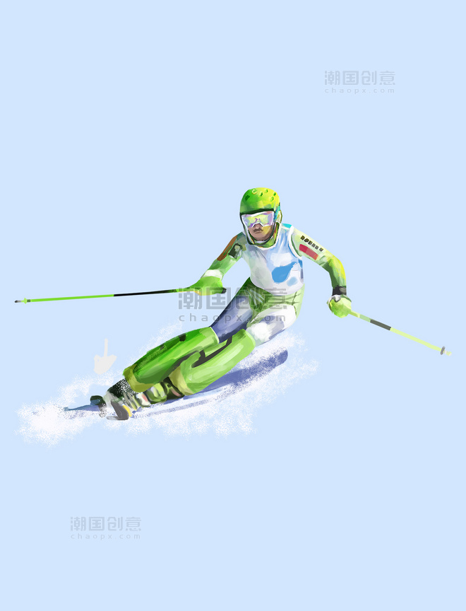 清晰简约绿色手绘冬天运动滑雪滑雪板动态运动员人物创意元素