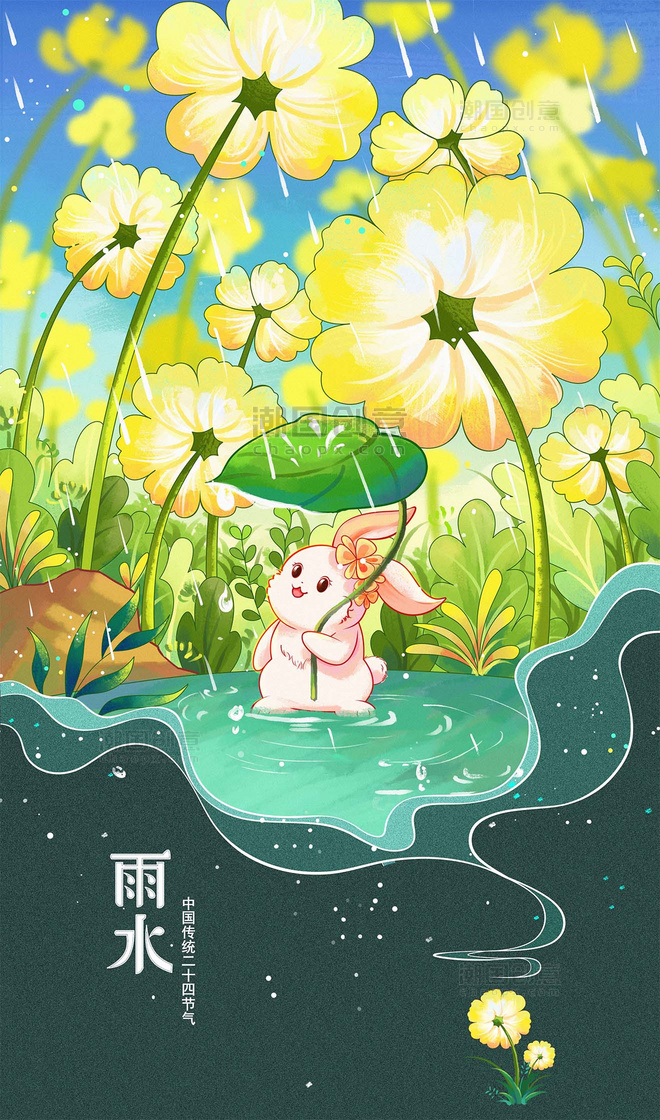 黄绿色Q版兔子二十四节气之雨水系列海报