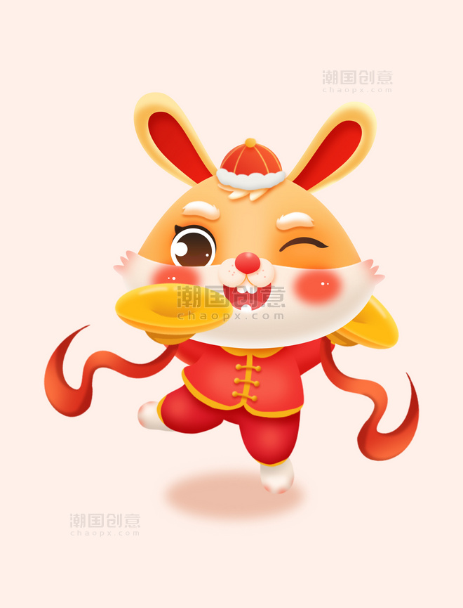 兔年春节喜庆微立体兔子敲锣跳舞