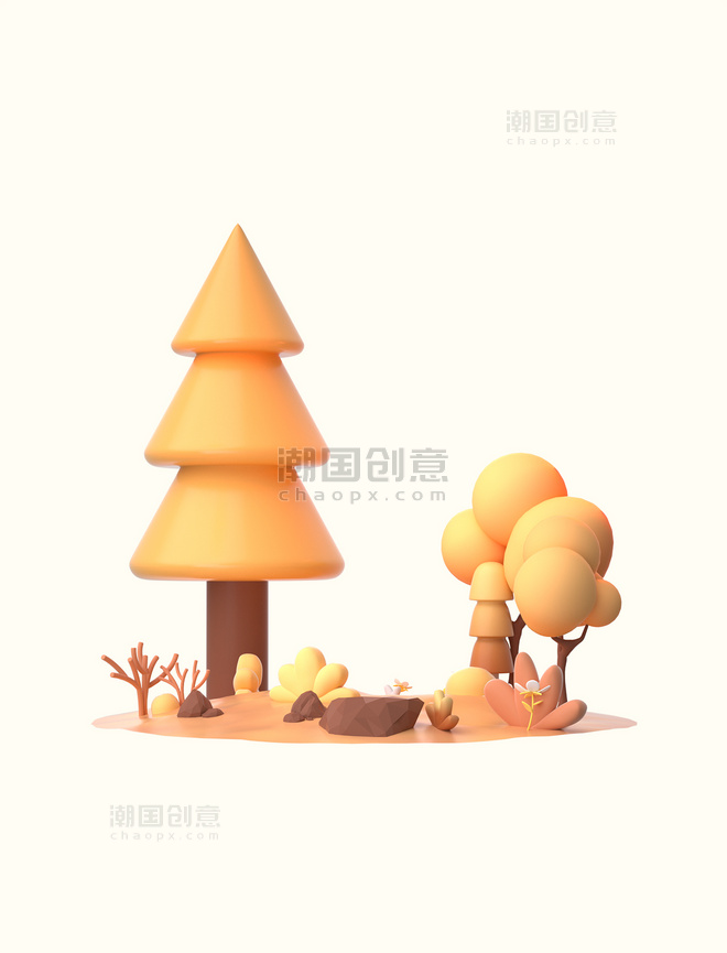 3D卡通立体黄色秋日森林植物场景