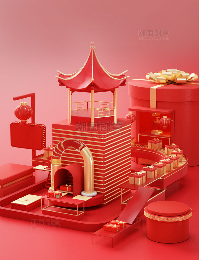 中国风新年春节3D立体电商展台背景模型