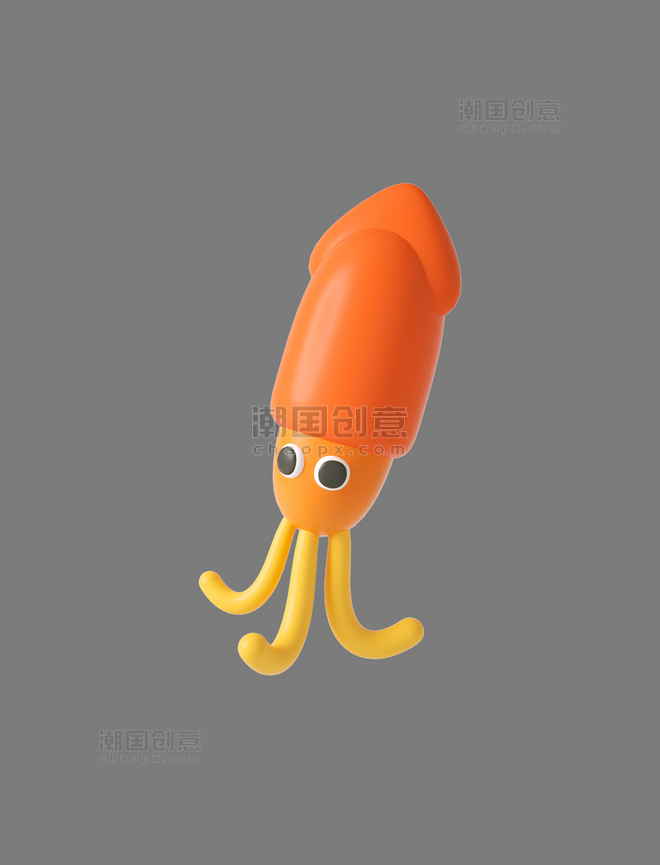 橙色C4D立体卡通海洋动物鱿鱼