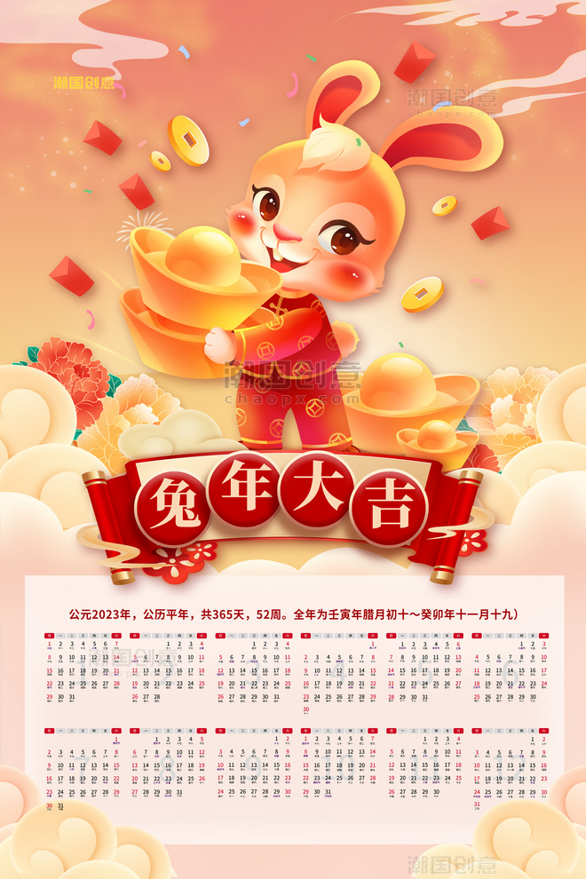兔年大吉2023年红金色中国风海报