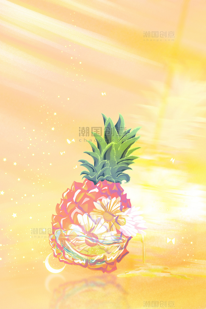 夏日水果菠萝花速涂插画竖图