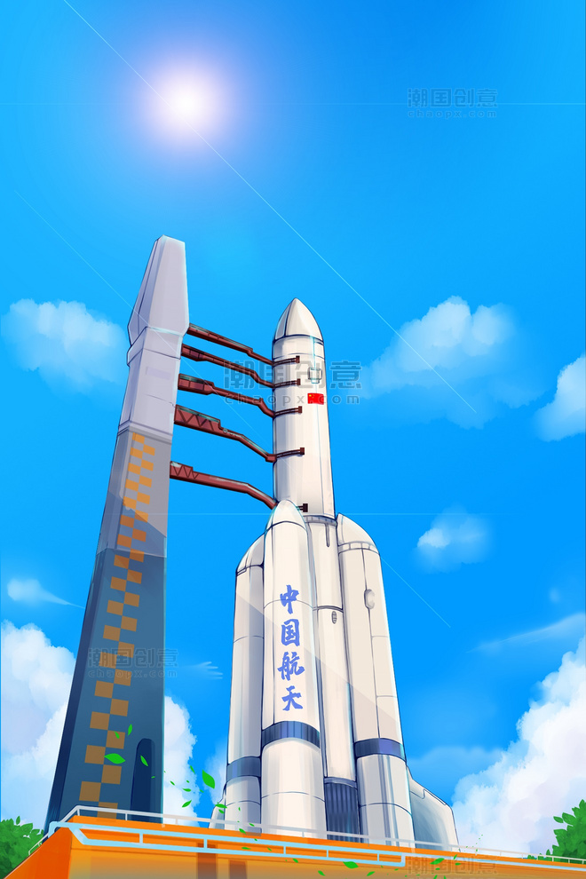 中国航天日火箭科技航天插画