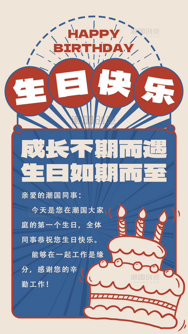 生日快乐蛋糕复古蓝红色复古风手机海报