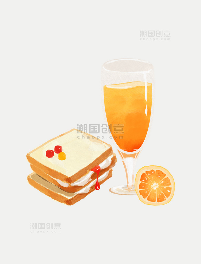 手绘水彩早餐奶油切片面包橙汁手账贴纸