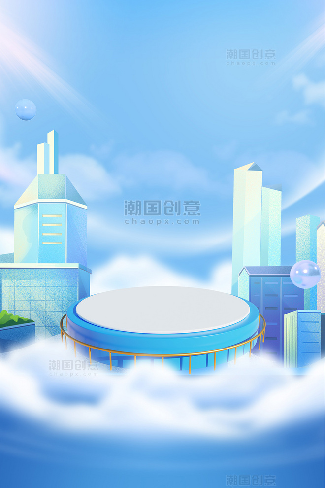 国庆节背景3d建筑电商促销活动展台场景蓝色科技城市