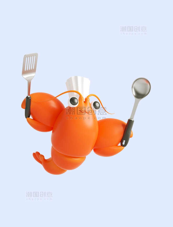 3D立体橙色C4D拟人龙虾厨师