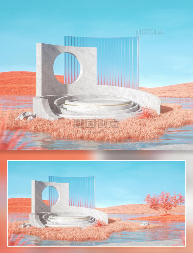 橙色C4D展台空间暖色写实场景海报背景
