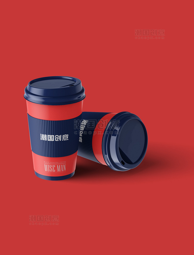 餐饮店咖啡杯包装展示红蓝撞色样机