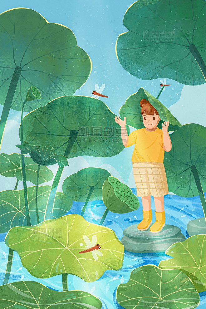 夏天绿色清新肌理风池塘荷花玩耍的小女孩手绘插画
