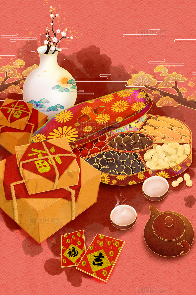 中国风国潮新年春节买年货购物场景手绘插画