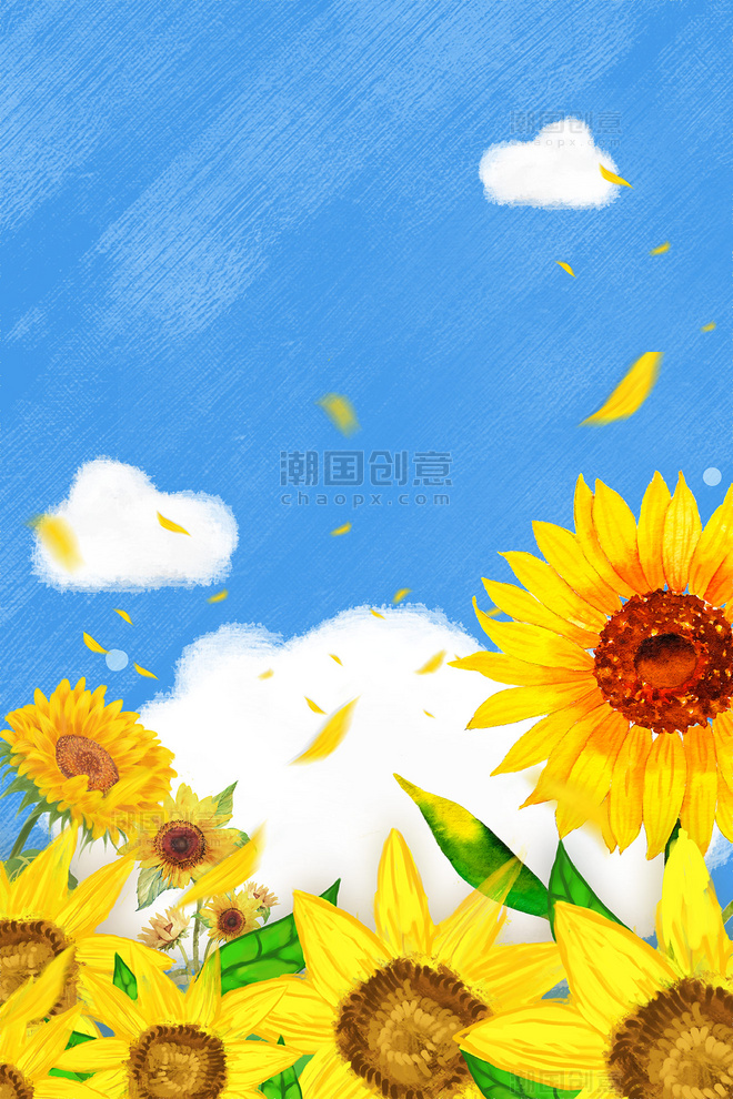 手绘蓝色清新夏季六月向日葵花卉花朵