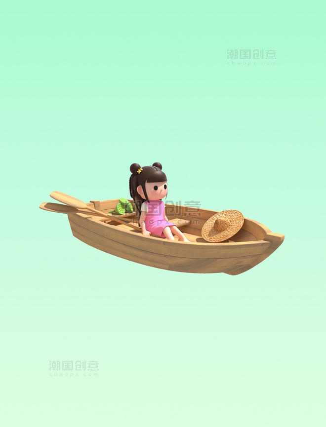 3D立体仿真木船上女孩