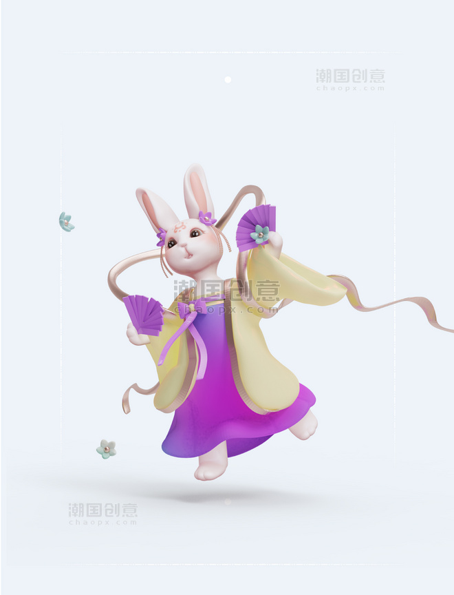 C4D立体国风2022国潮兔子月兔兔仙人舞扇子3D