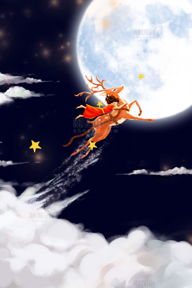 圣诞节麋鹿月亮天空云夜晚星空插画