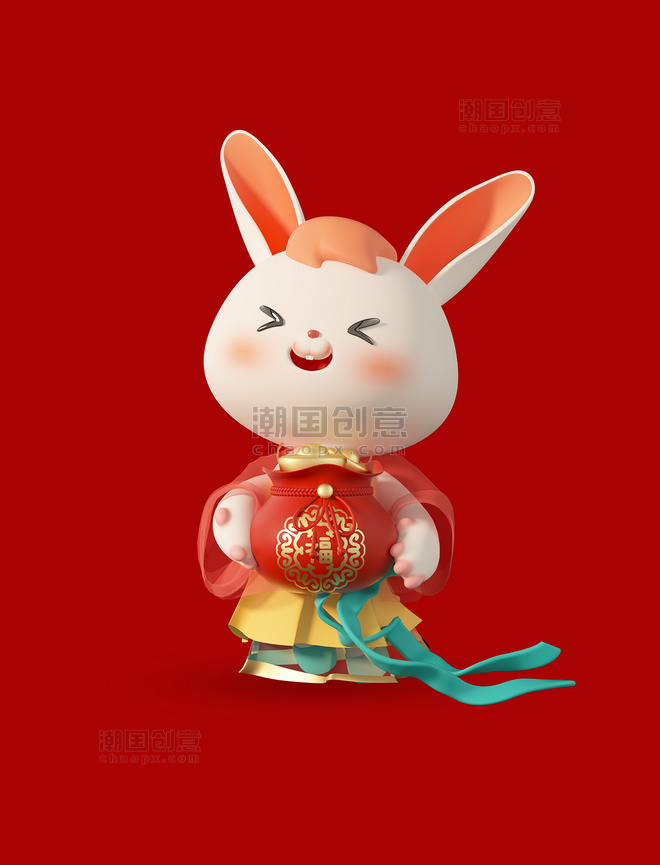 3D立体C4D中国风卡通兔年喜庆兔子春节新春抱福袋