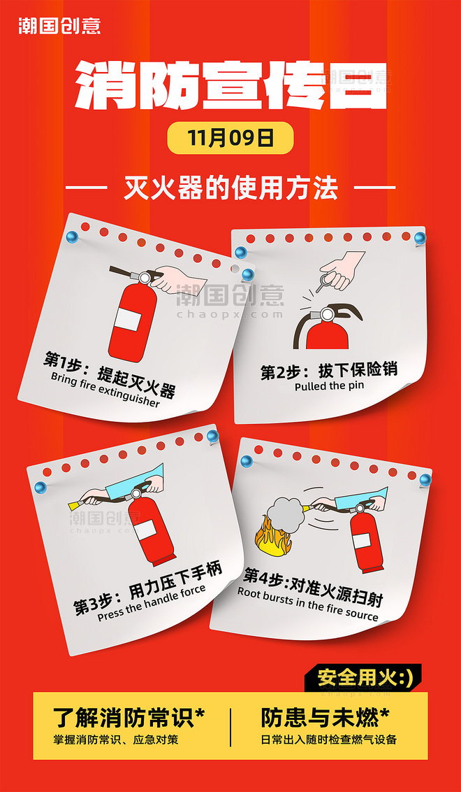 消防宣传日灭火器使用方法说明科普安全教育海报