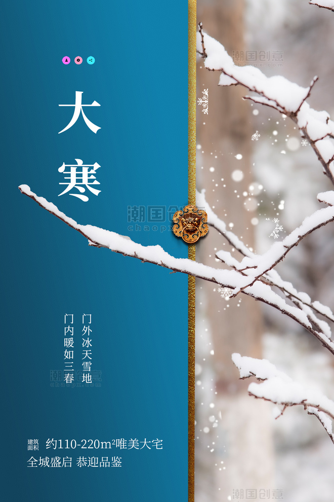 大寒节气房地产宣传蓝色摄影图冬天积雪树枝渐变海报