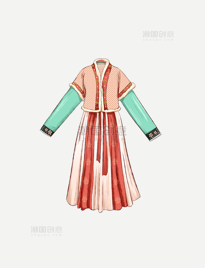 手绘古代端庄女性汉服服饰传统