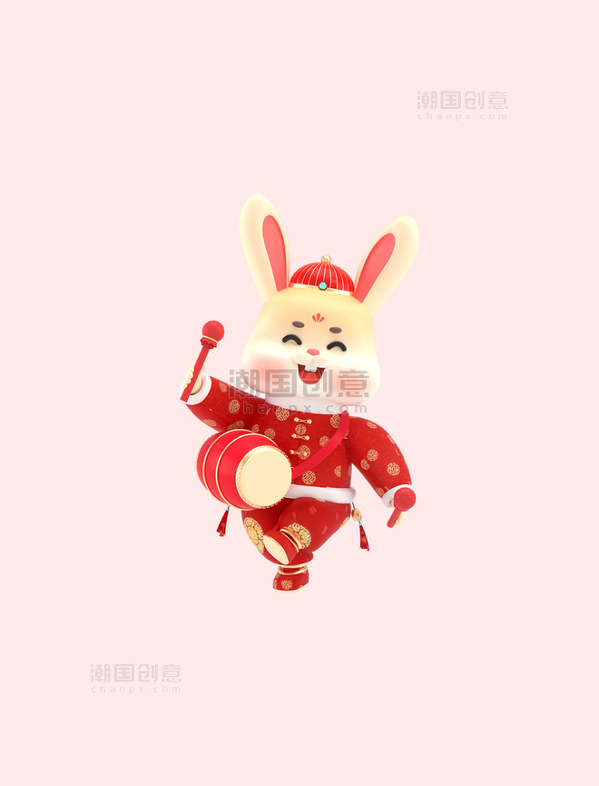 3D卡通新年兔年春节新春兔子元素c4d打腰鼓