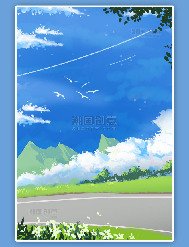 夏天天空蓝天云草地户外风景公路插画背景
