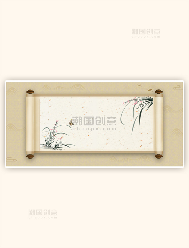 中国风宣纸兰花米黄复古卷轴背景