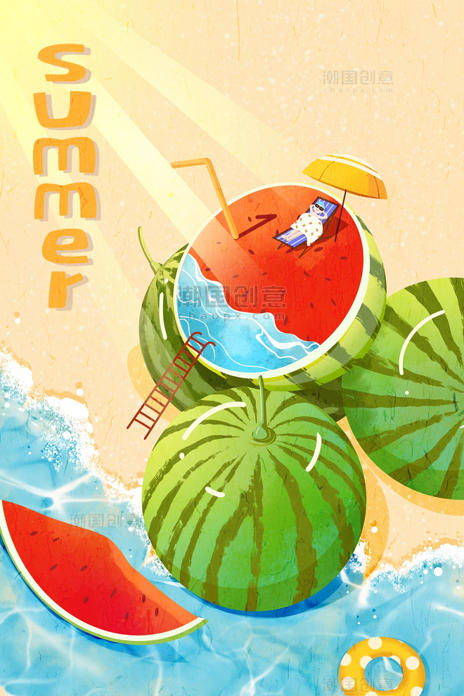 夏天夏季盛夏海滩清凉西瓜乘凉卡通手绘插画海报背景