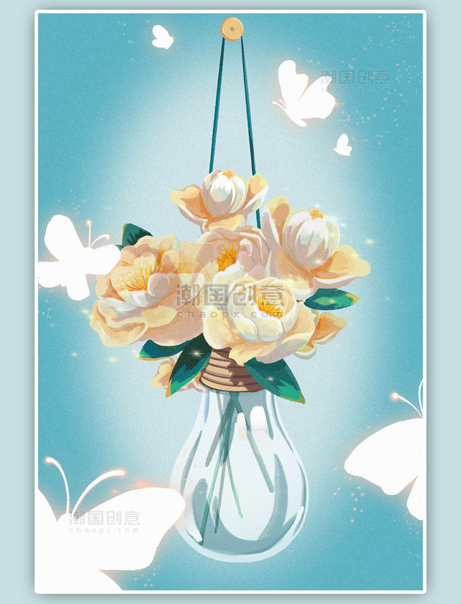 竖图蓝色渐变鲜花玻璃花瓶蝴蝶海报背景插画