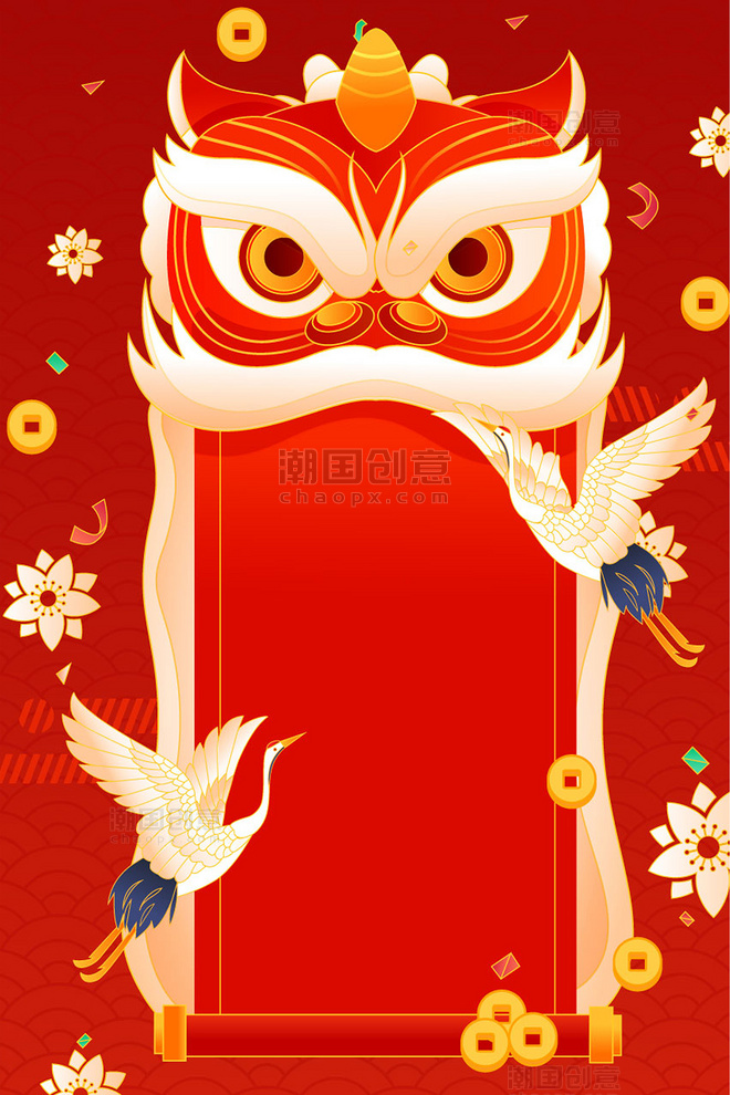春节新春新年狮子仙鹤舞狮边框红色背景