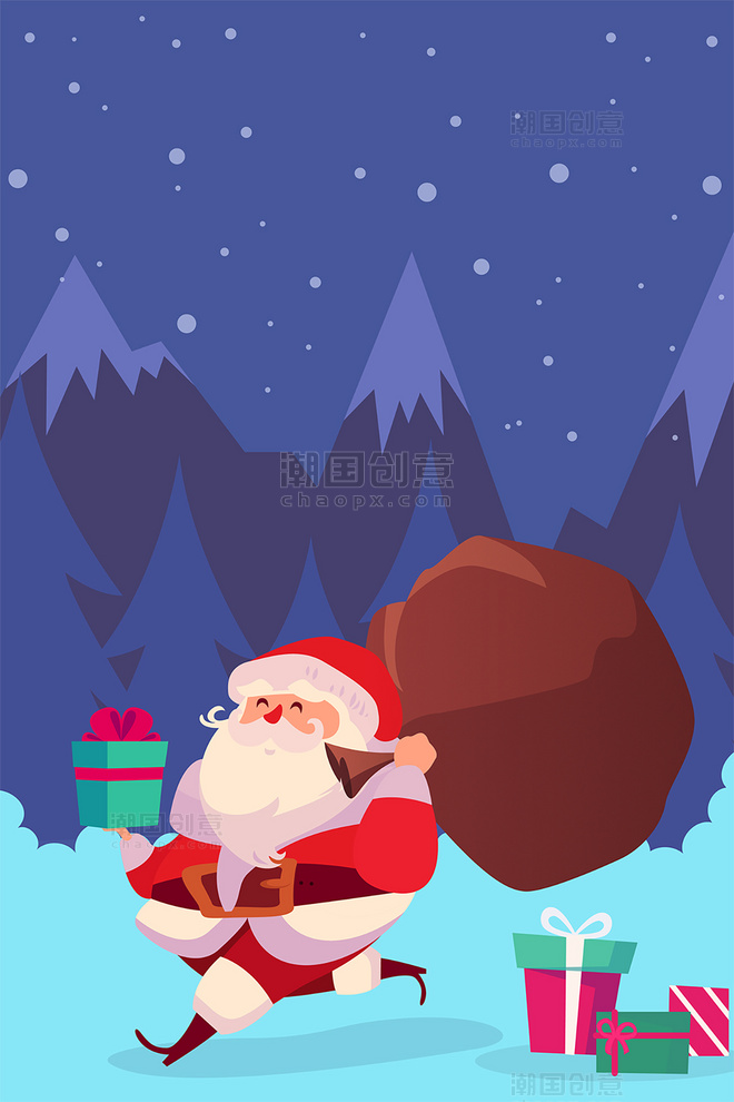 圣诞圣诞节礼物圣诞老人冬天雪景矢量插画