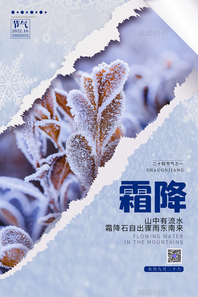 二十四节气霜降霜降节气摄影图蓝色创意撕纸风海报