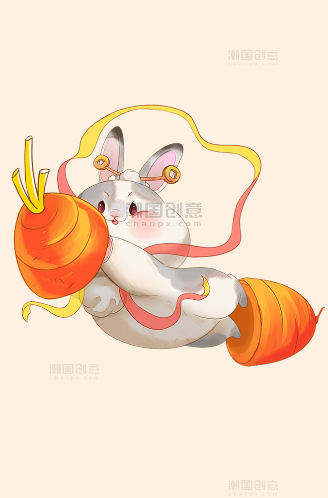 国潮兔年新年新春春节卡通可爱兔子胖胖兔胡萝卜飞天