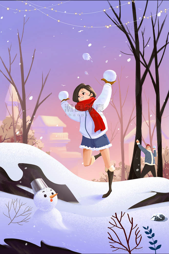 立冬节气户外打雪仗女孩和小雪人竖版插画