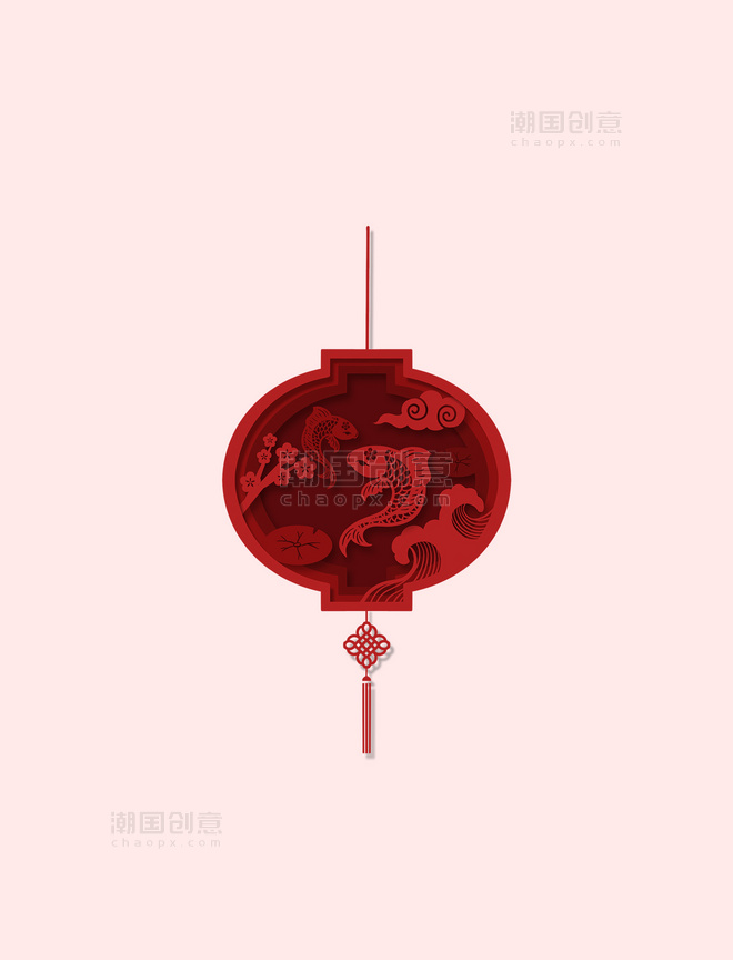 春节新春新年浮雕红色剪纸锦鲤灯笼