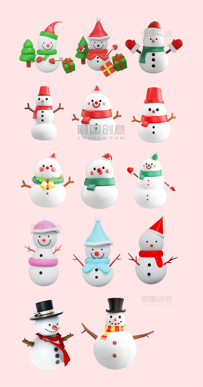 3D立体圣诞圣诞节雪人元素合集图片_潮国创意