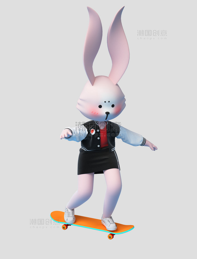 3D立体中秋节潮酷嘻哈卡通兔子玩滑板