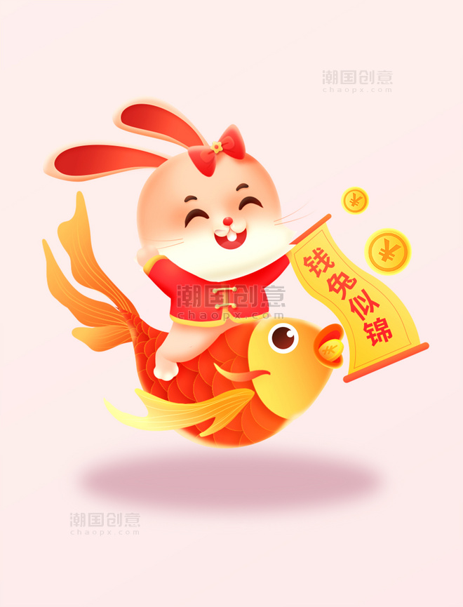 2023兔年春节新春喜庆微立体卡通兔子IP锦鲤钱兔似锦