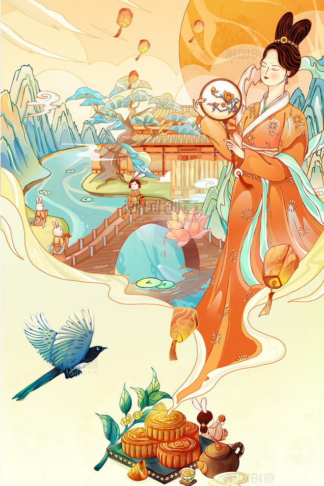 中秋节中秋国潮中国风嫦娥兔子仙女月饼祈福插画海报